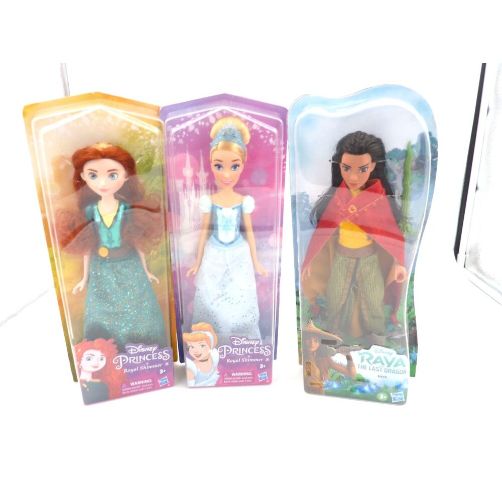 3 disney dolls 2x princess royal shimmer merinda cinderella and raya last dragon